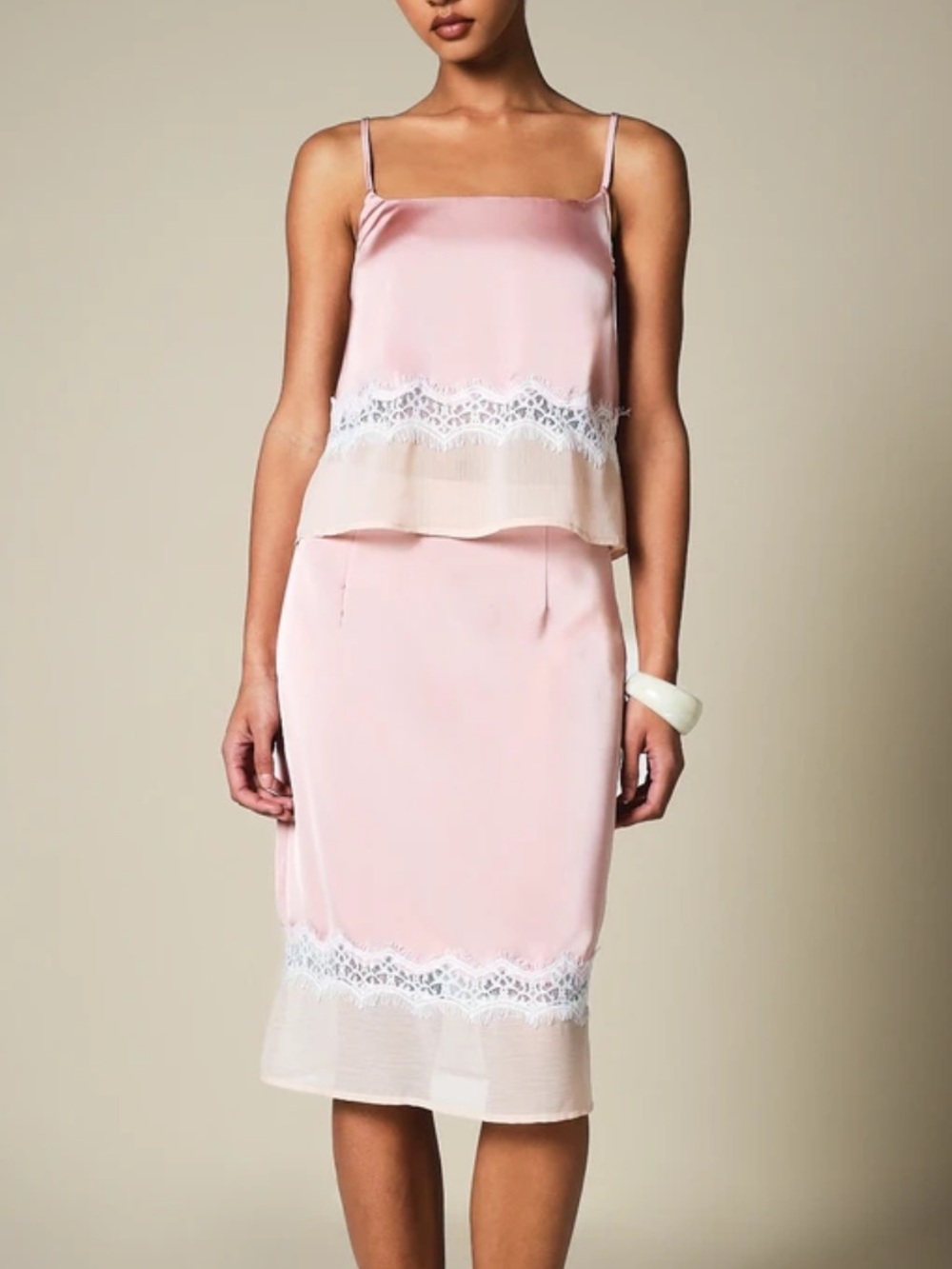 2 piece SET dusty Pink Lace mesh Trim Cami top & midi Skirt Set